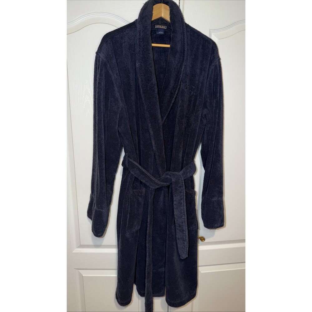 VTG LL Bean Terry Cloth Mens Bathrobe SZ L Navy Blue 100% Cotton Heavy Pockets